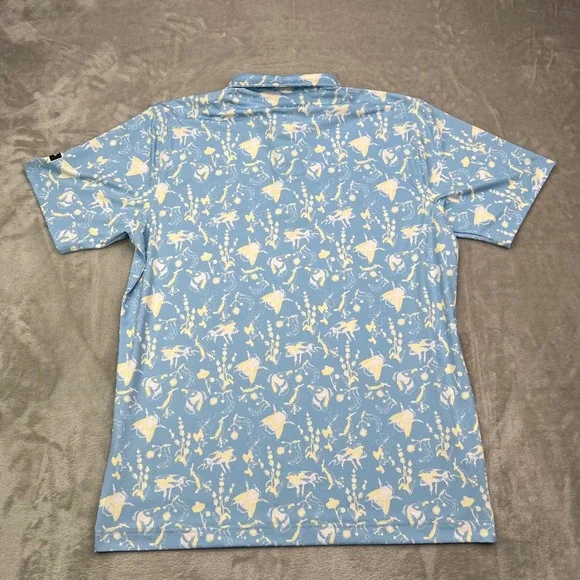 Waggle Buzzin Polo Shirt Mens Small Blue Yellow Bee Floral Performance Stretch - Picture 5 of 11